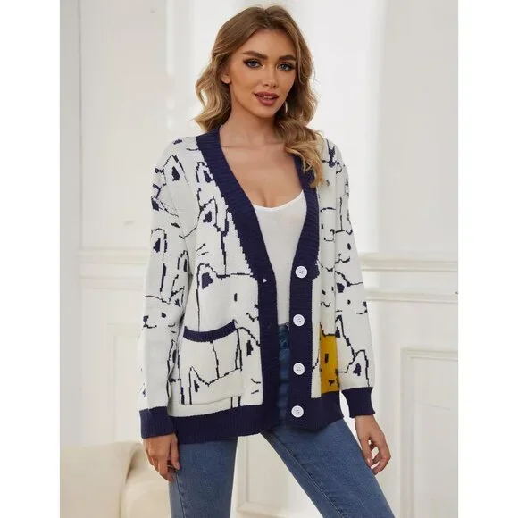 Cat Sweater for Women Oversized Button Down V Neck Knit Cardigan Cute Kawaii Car - Picture 2 of 7